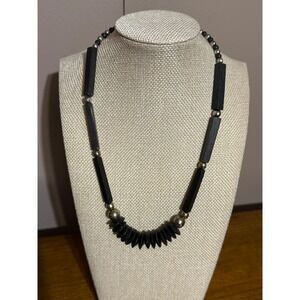 Vintage Black Wood Beaded Necklace Silver Tone Bar Disc Tribal Boho 18in